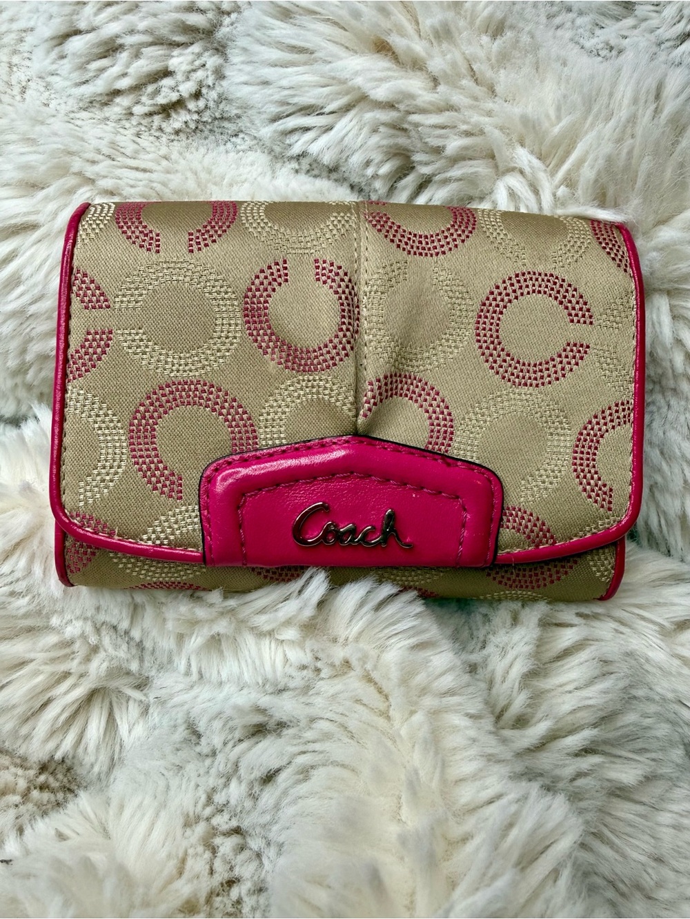 Coach Beige Signature Wallet with Hot Pink Trim